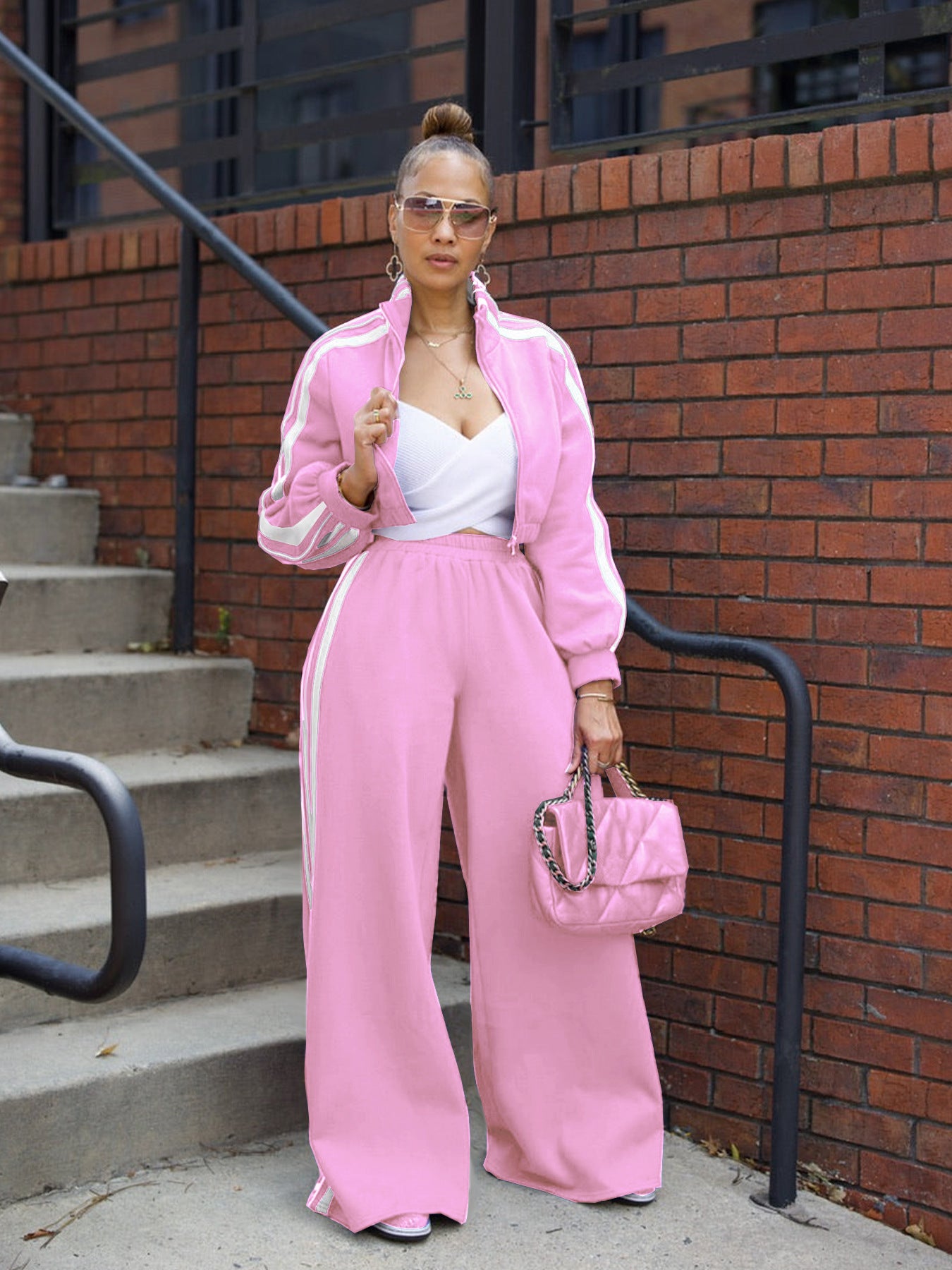 Women Autumn Striped Zipper Casual Top and Pant Set 4