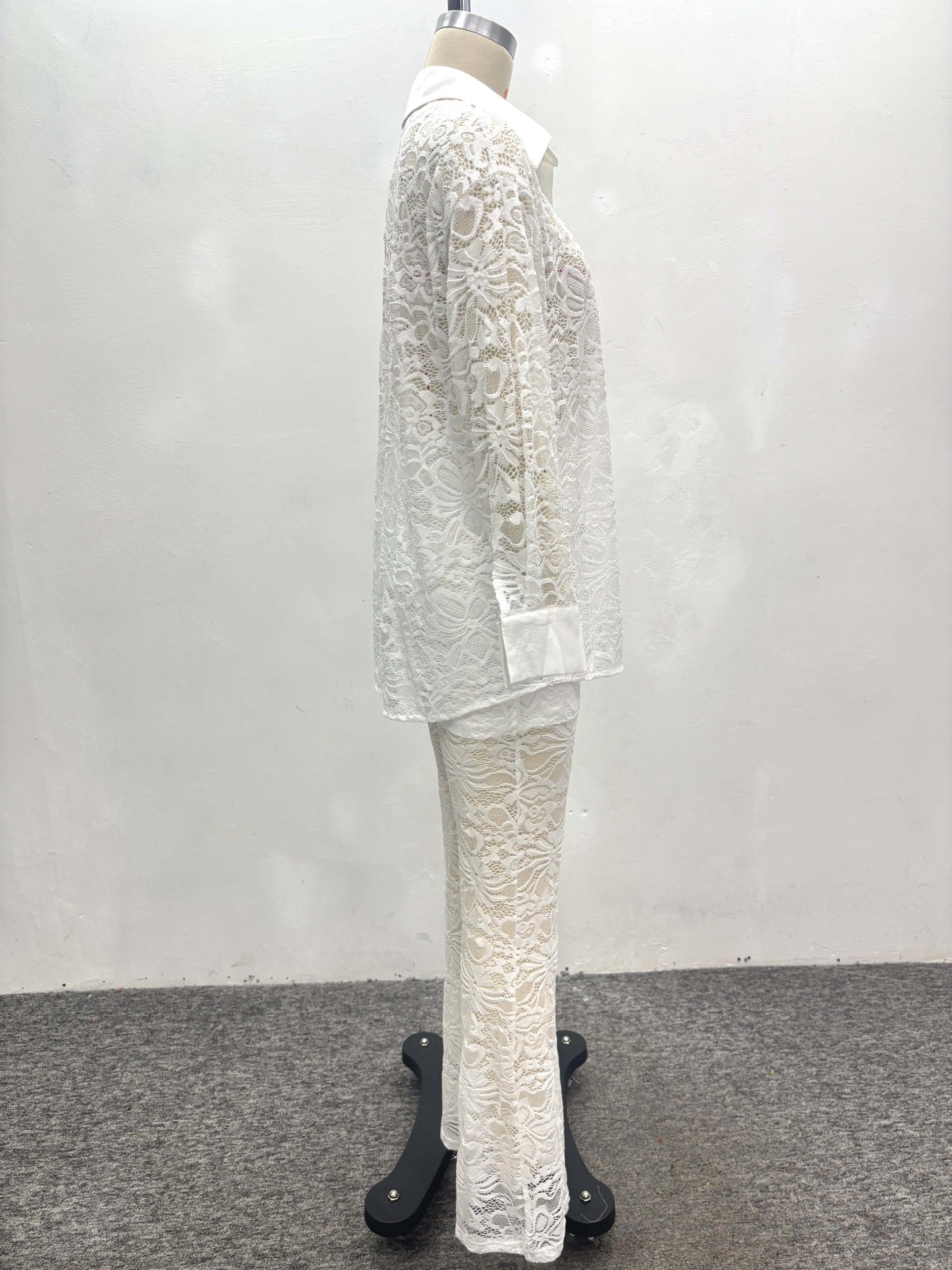 Women Hollow White Cardigan Lace Shirt and Wide-leg Pants Two-piece Set 9