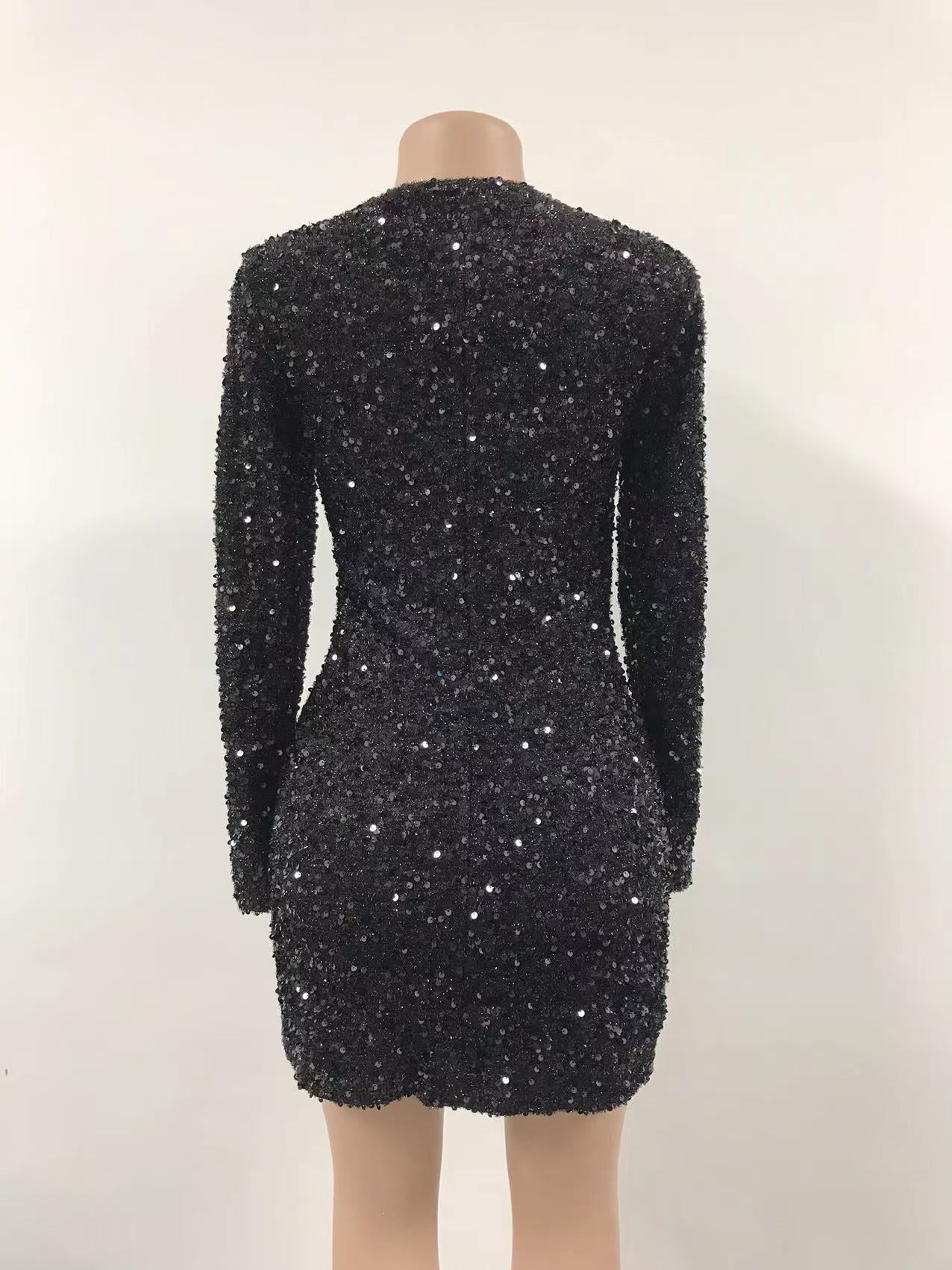 Women Sexy Black Sequins double breasted long sleeve career dress 13