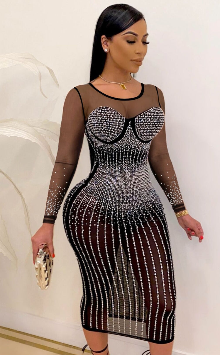 Autumn Sexy White Beaded Long Sleeve See Through Club Dress