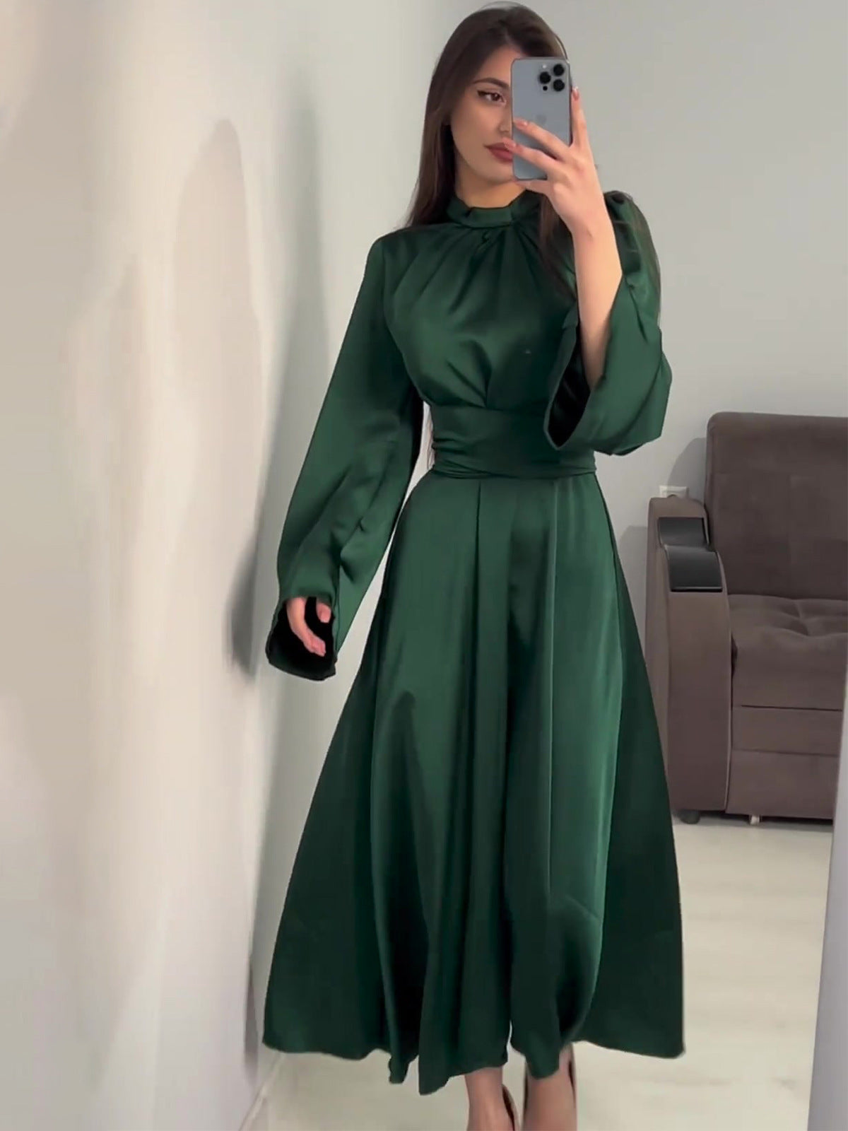 Women Lace-Up Solid Long Sleeve Dress 7