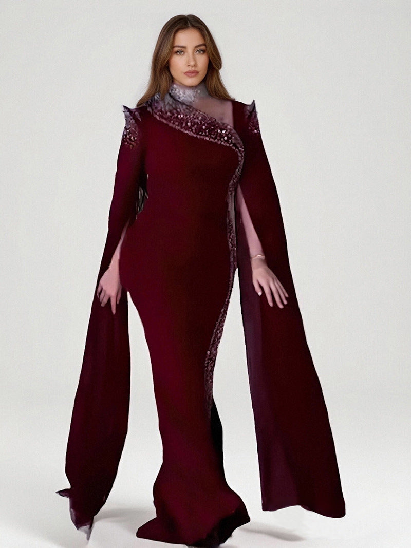 Women Elegant Slash Shoulder Beaded Evening dress 3