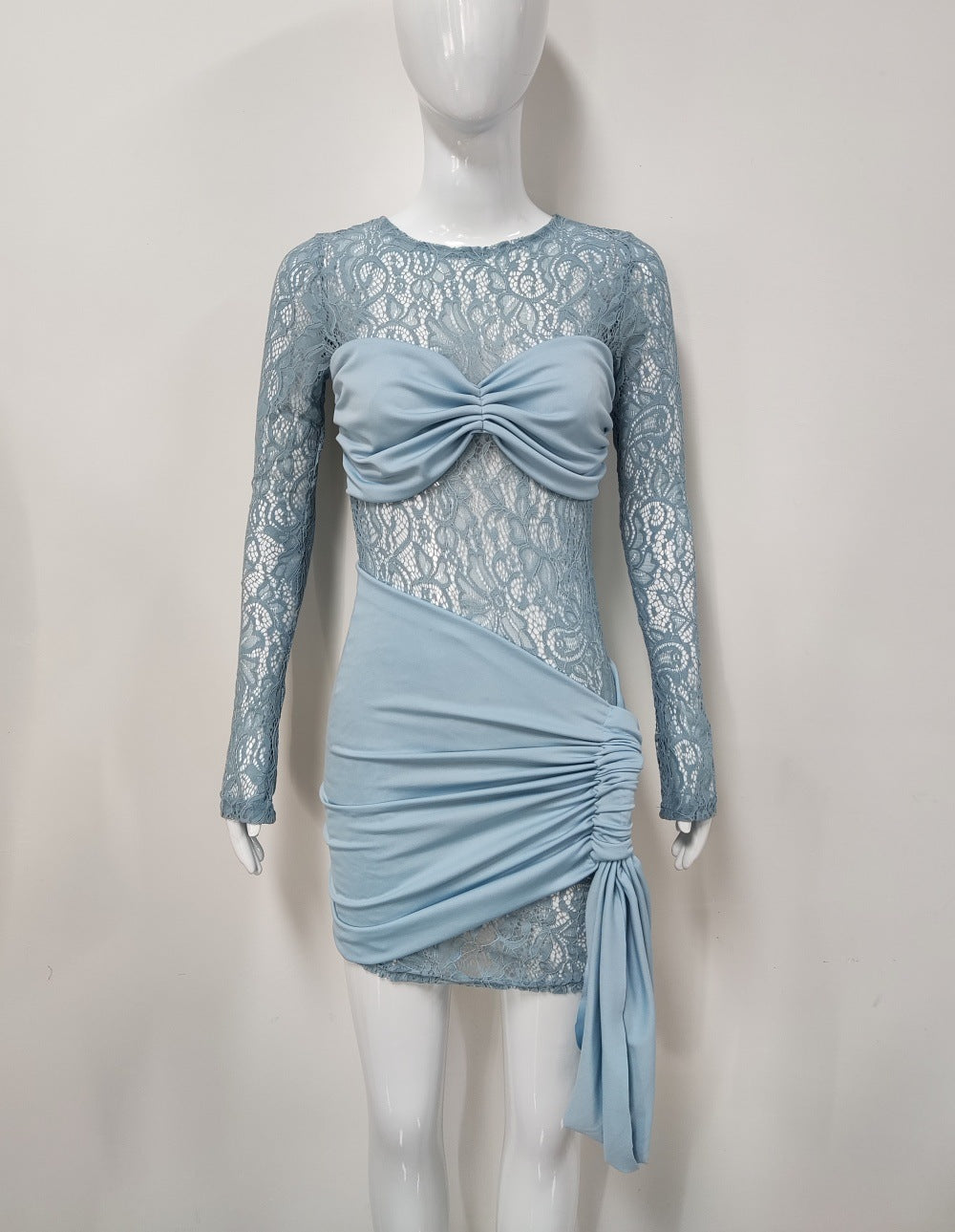 Women Spring Summer Sexy Round Neck Lace Patchwork Long Sleeve Dress 9