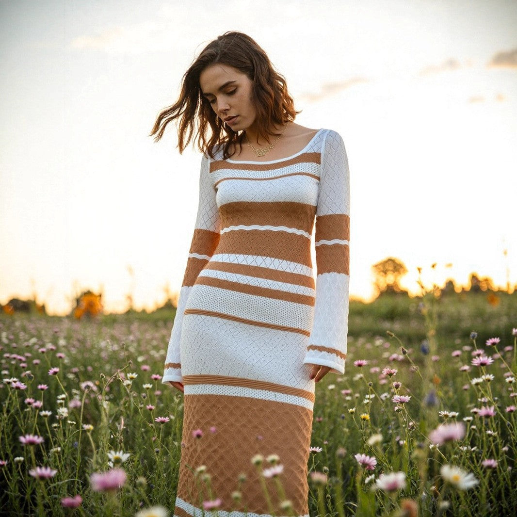 Autumn Multi-Color U-Neck Sexy Cut-Out Long-Sleeve Knit Long Dress 10