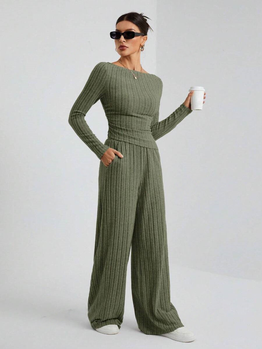 Autumn And Winter Casual Solid Color High Collar Knitting Long Sleeve Top Loose Trousers Two-Piece Set 11
