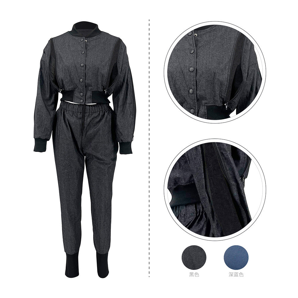 Women Style Zip Crop Coat and Pant Casual Denim Two-Piece Set 10