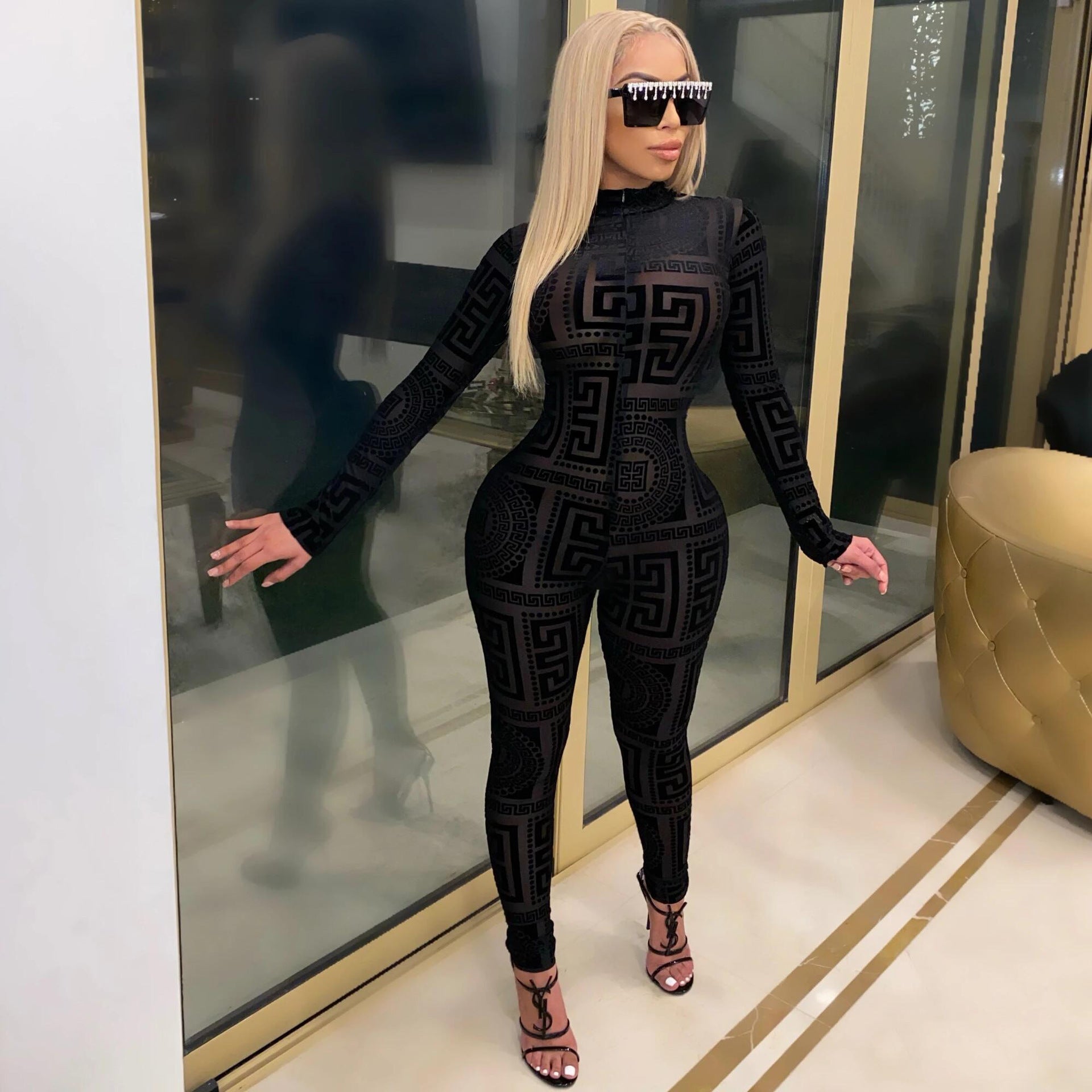 Women Style Printed Mid-High Neck Long Sleeve Jumpsuit 4