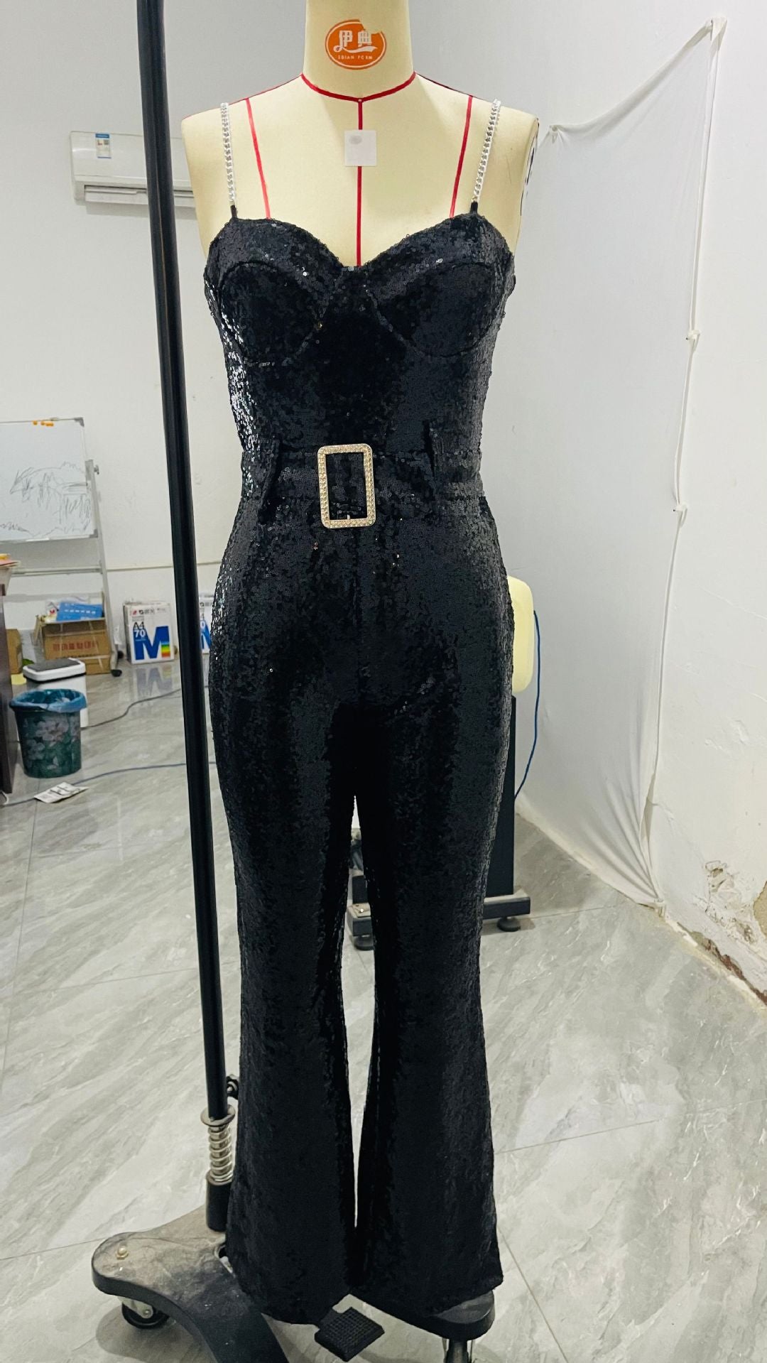 Fashionable women's sexy chain strap Low Back belt sequin Jumpsuit 10