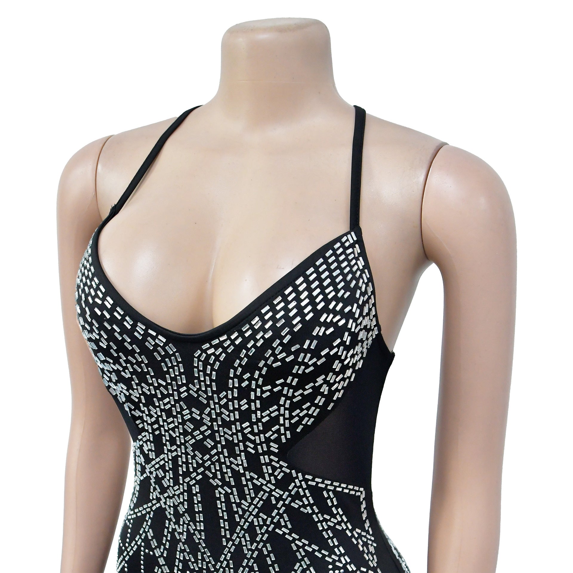 Fashion Women's Solid Color Mesh Beaded Straps Long Dress 16