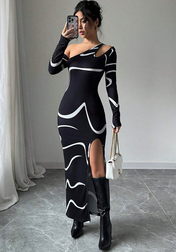 Chic Elegant Women Slash Shoulder Slim Graffiti Print Asymmetric Long Sleeve Slit Dress