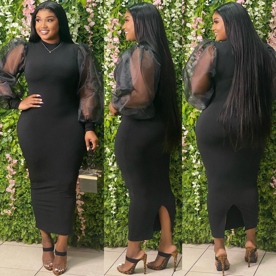 Plus Size Women's See-Through Mesh Balloon Sleeve Bodycon Dress 4