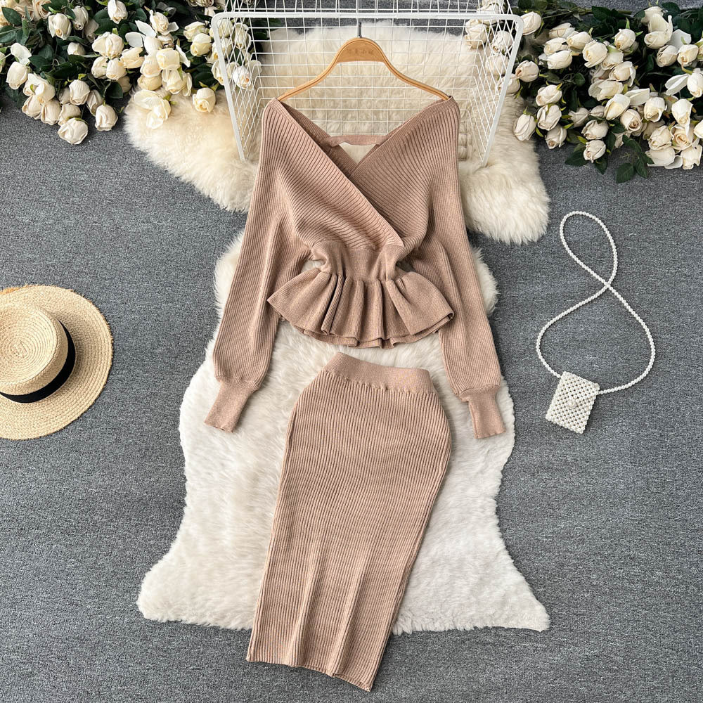 Autumn And Winter Style Suit For Women V-Neck Ruffled Short Knitting Shirt Bodycon Skirt Two-Piece Set 6