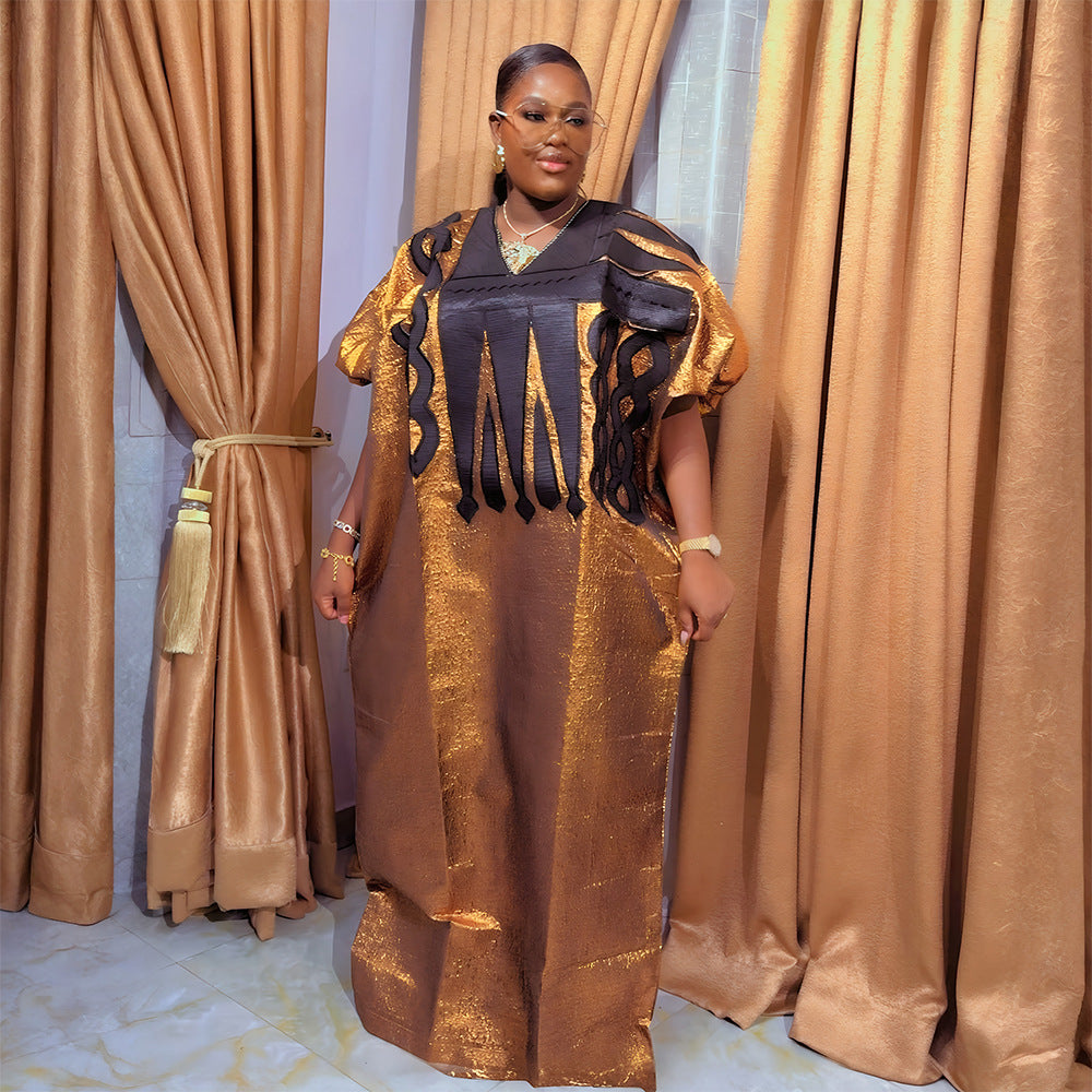 Muslim V-Neck Long Dress African Plus Size Women's Dubai Embroidered Robe Headscarf