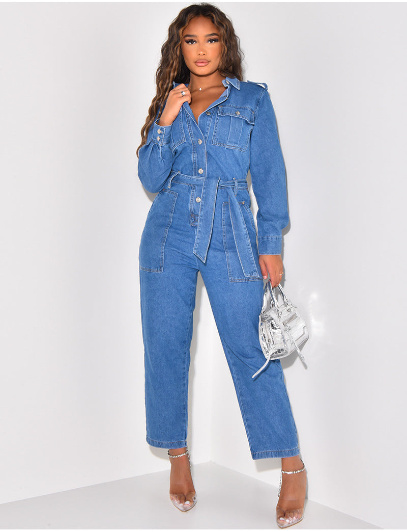 Women's Fashion Casual Sexy Pocket Belt Wide Leg Denim Jumpsuit 10