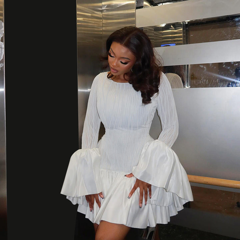 Autumn Chic Slim Texture Long Sleeve Ruffle Mini Dress 4