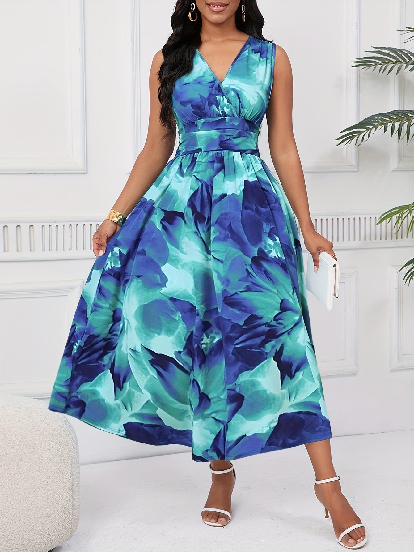 Women Summer Elegant V-neck Petal Print Dress 4