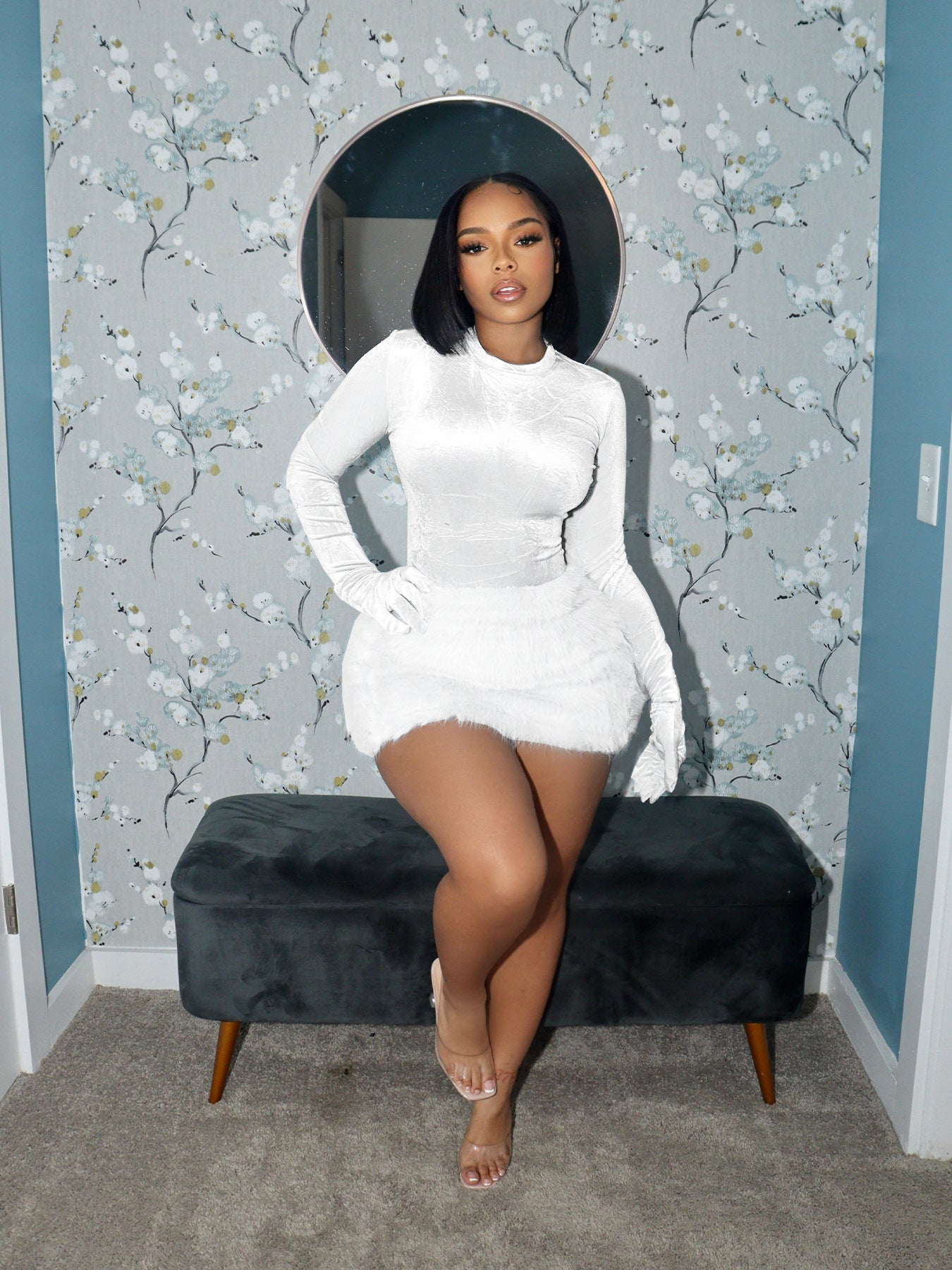 Women's Autumn Winter Tight Fitting Bodysuit Sexy Plush Short Skirt Set(Without Gloves)