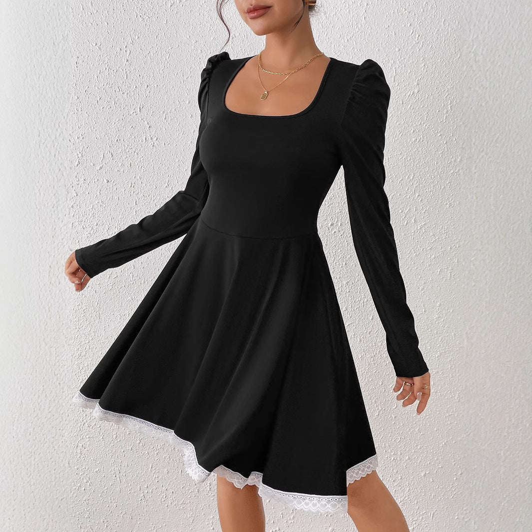Chic Square Collar Long Sleeve Women Lace Patchwork Slim Waist A-Line Dress