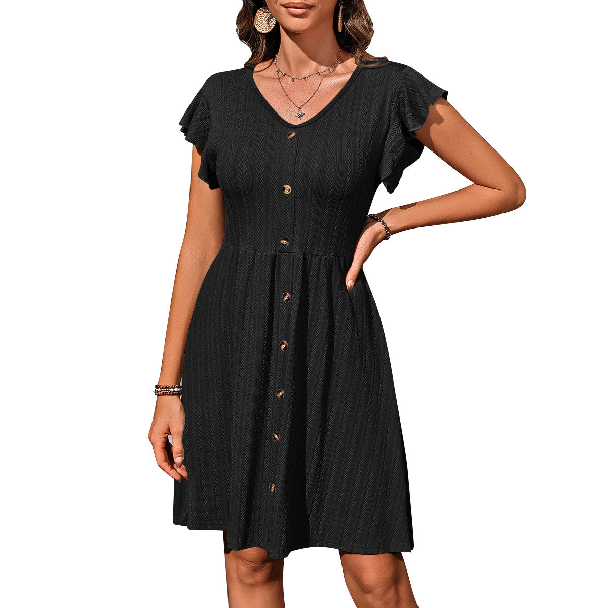 Summer Women's V-Neck Button-Down Slim Waist Stretch Short-Sleeved Dress 9