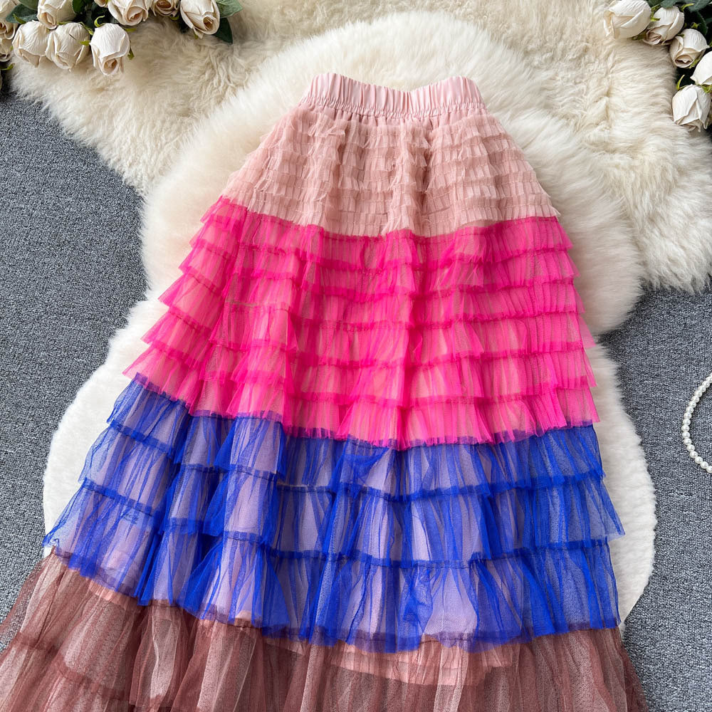 Women  Irregular Gradient Cascading Ruffles Puffy Mesh Skirt 27