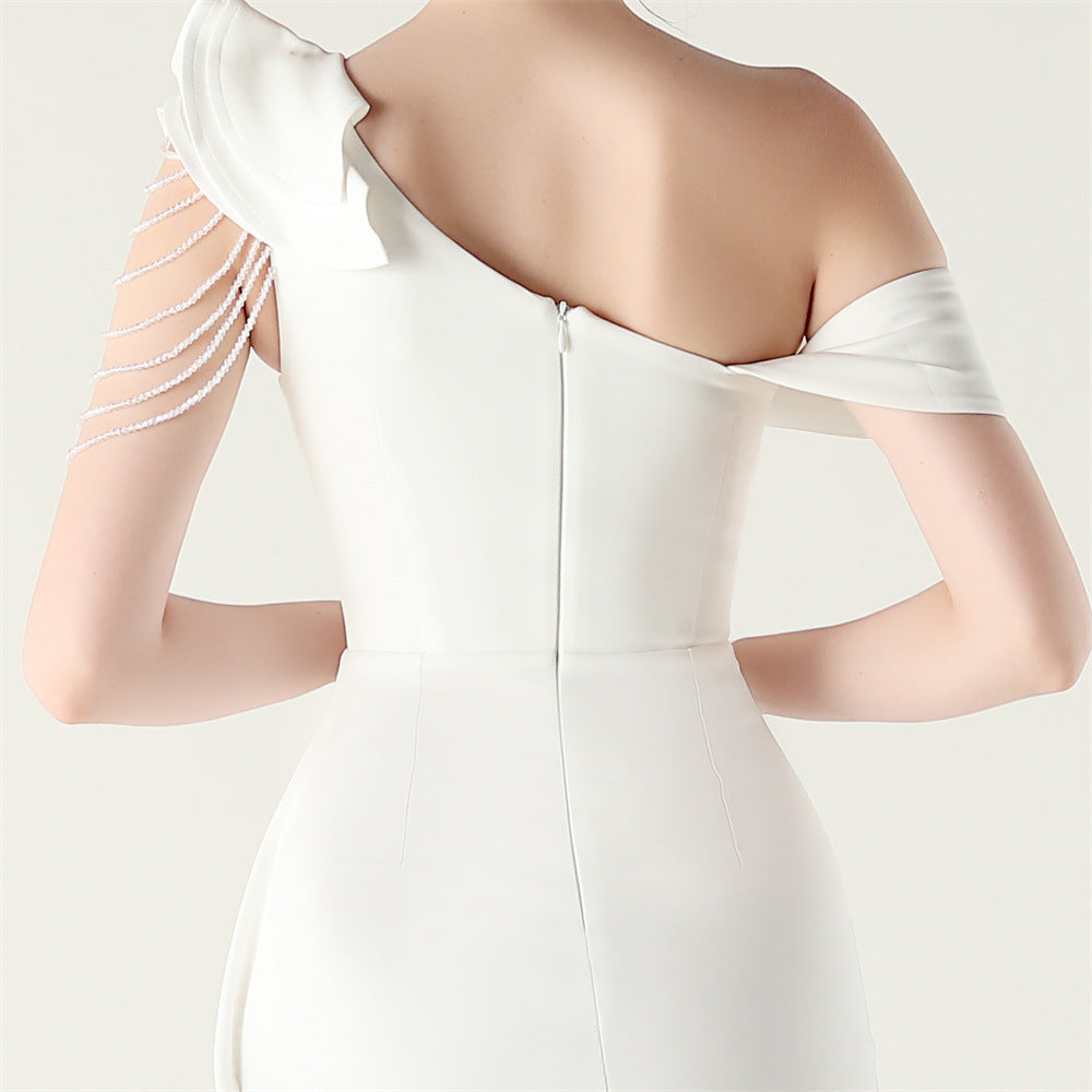 Women pleated one-shoulder beaded ruffle fishtail formal party evening dress 18