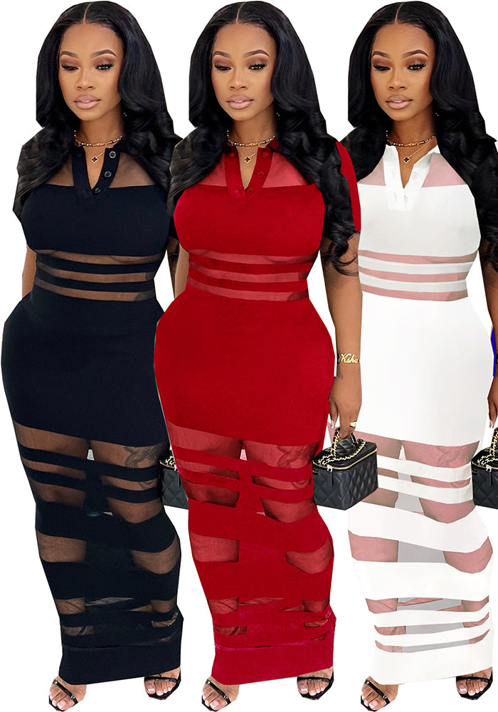 Feminine Mesh Patchwork Turndown Collar Bodycon Dress