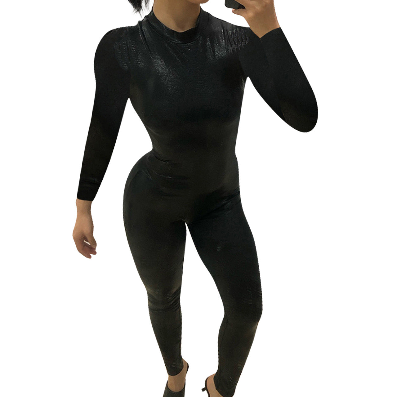 Women Fall Women Clothing Solid PU-Leather Pleated Snake Print Long Sleeve Bodycon Jumpsuit 6