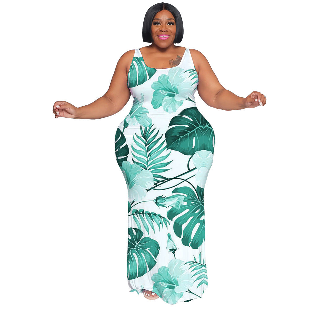 Plus Size Women's Summer Casual Sleeveless Digital Print Long Dress 14