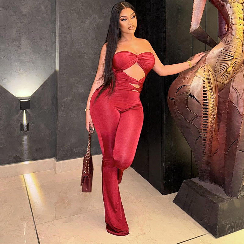 Women's Autumn Solid Color Strapless Sleeveless Hollow-Out Low Back Knot Jumpsuit 3