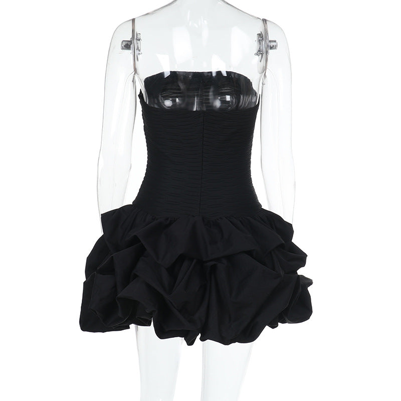 Women spring pleated multi-layer puffy strapless dress 9