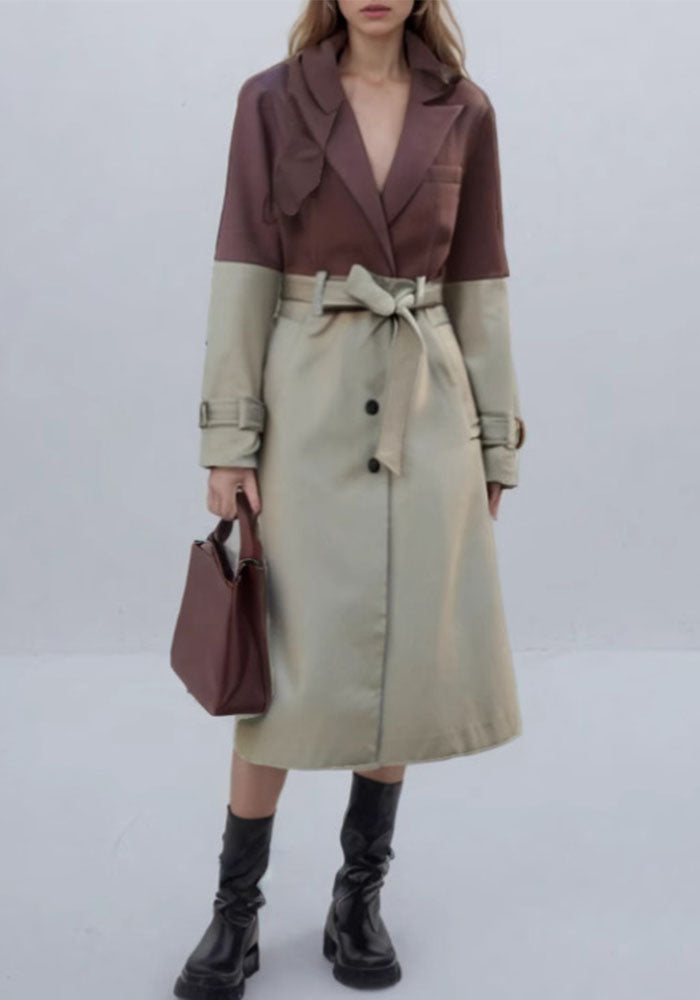 Women Fashion Contrast Patchwork Lace-Up Coat Windbreaker