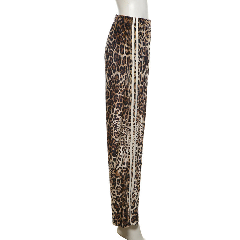 Autumn Street Leopard Print Stripes Patchwork Loose Slim Fit Casual Pants 6