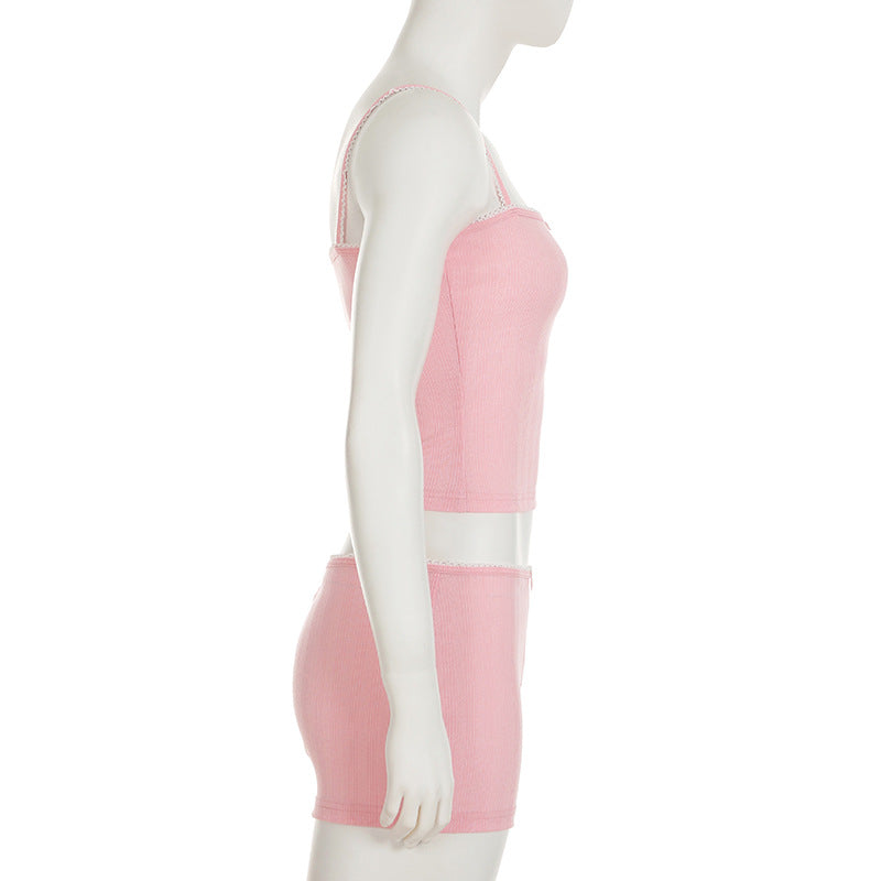 Summer Home Set Lace Bow Straps Top & Shorts Pajamas Casual Two-Piece Set 9