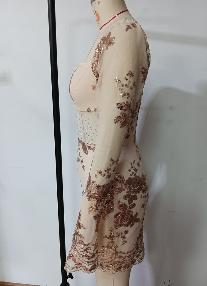 Women Sexy Long-Sleeved Backless Square Neck Sequined Bodycon Dress 9