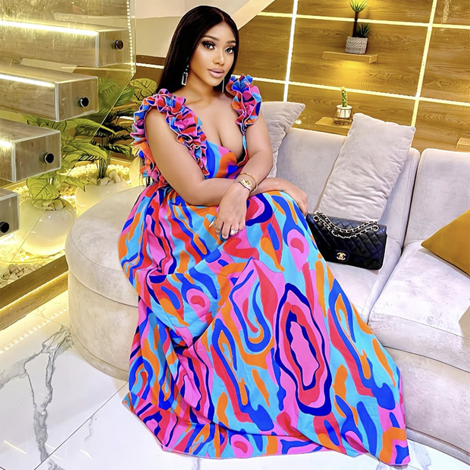 Women elegant ruffled shoulder strap printed dress 4