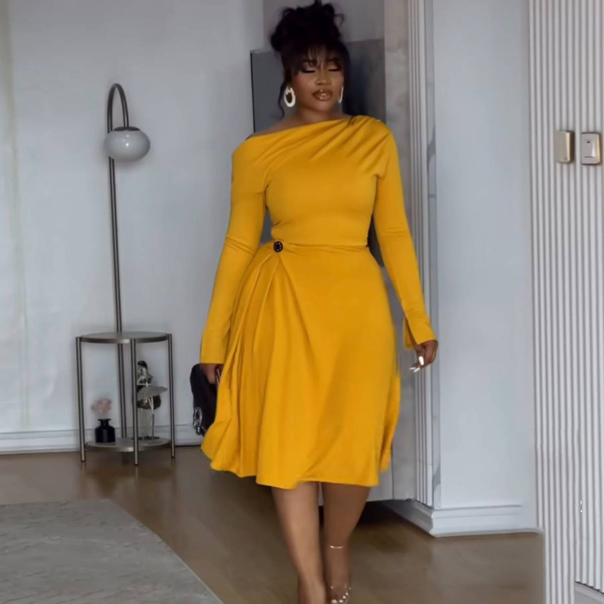 Women's Sexy Long Sleeve Solid Plus Size Slim A-Line Party Dress