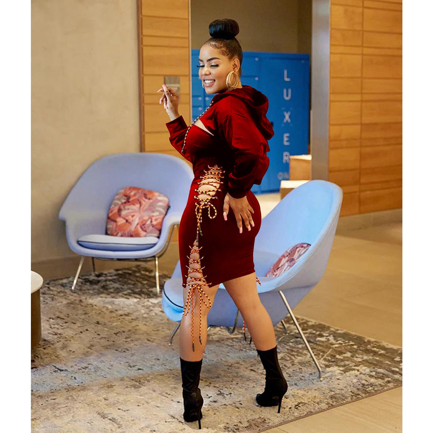 Women solid hooded long-sleeved tie dress 5