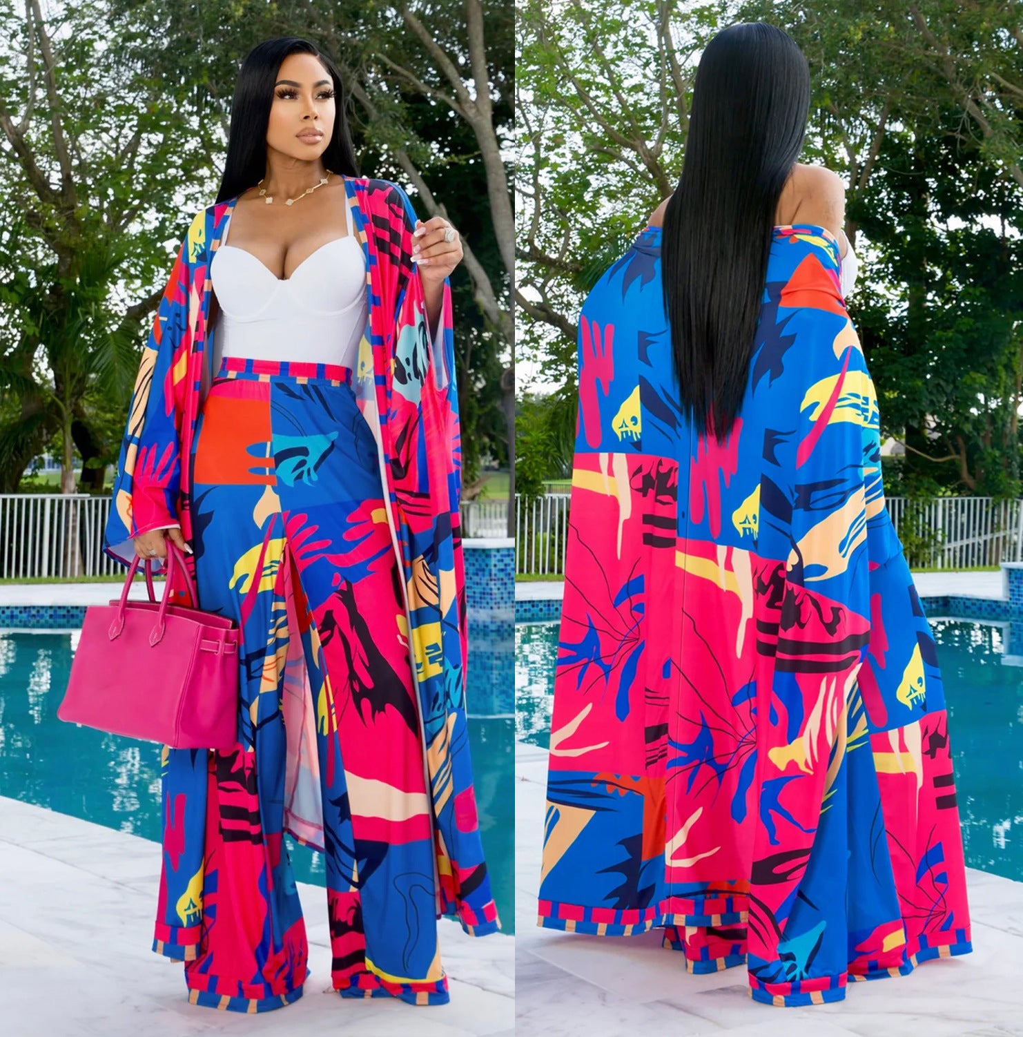 Women's Spring Chic Elegant Printed Long Sleeve Coat Wide Leg Pants Two Piece Set 5