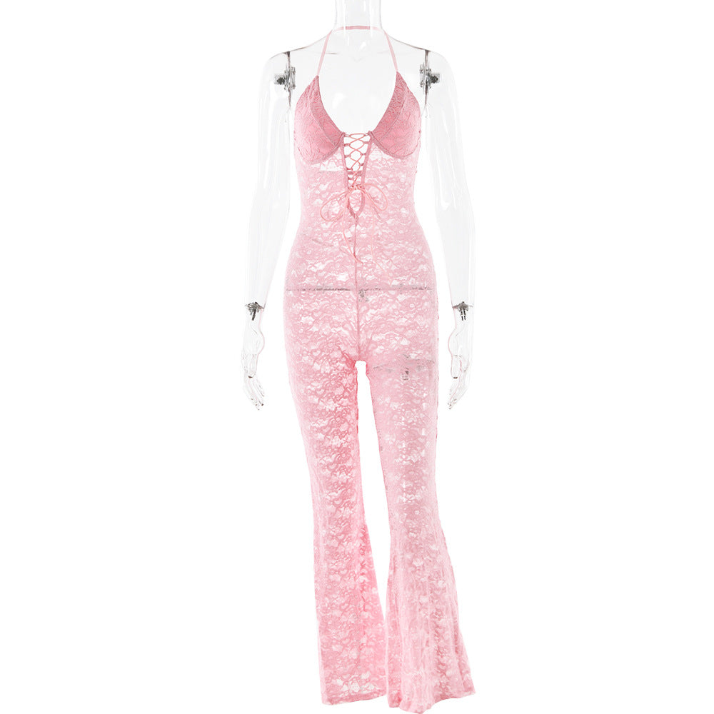 Spring Sexy Fashion See-Through Hollow Lace Low Back Halter Neck Slim Women's Summer Jumpsuit 7