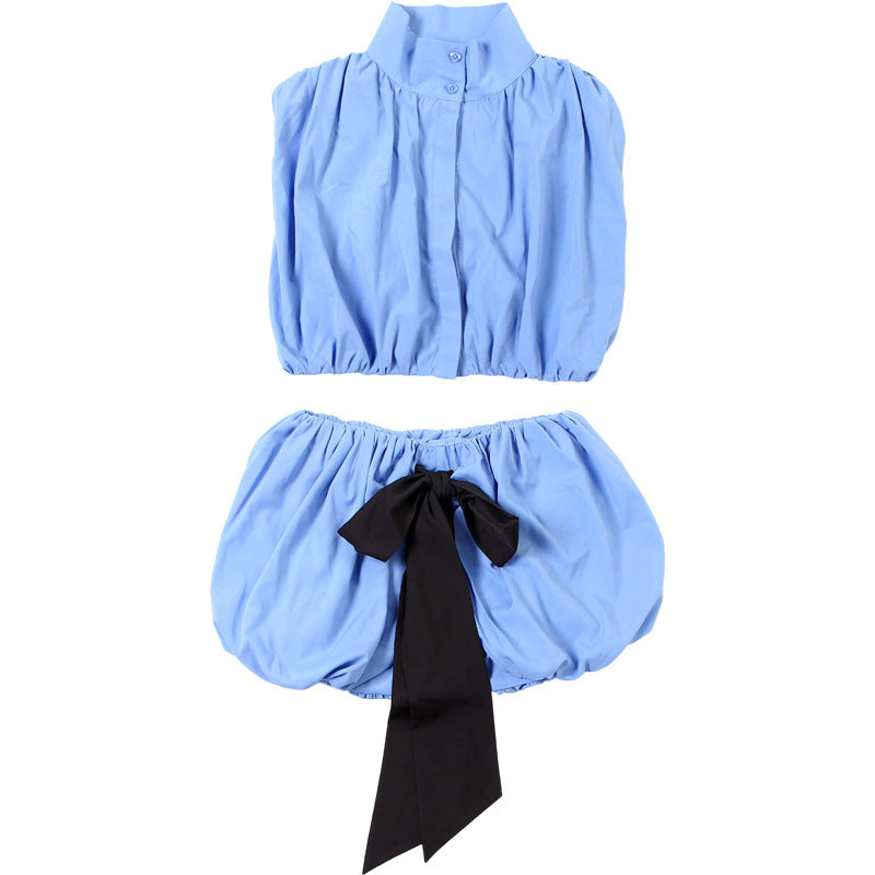 Autumn Women's Fashion High Neck Color Block Sexy Crop Top Short Skirt Set 9