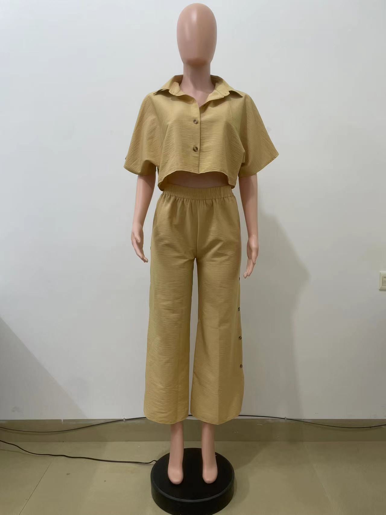 Women turndown collar shirt and nine-point wide-leg pants two-piece set 11