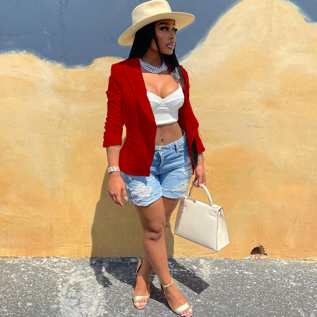 Women Solid Pocket Button Blazer 10