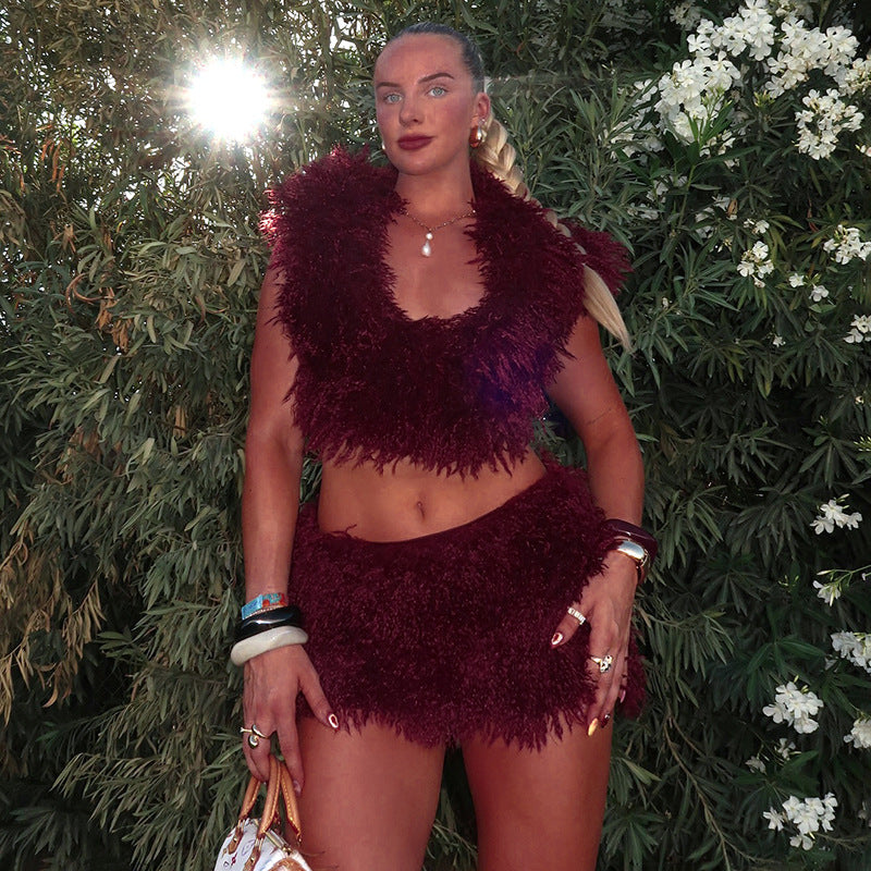 Women's Faux Fur U-Neck Hooded Low Back Top & Skirt Two-Piece Set 12