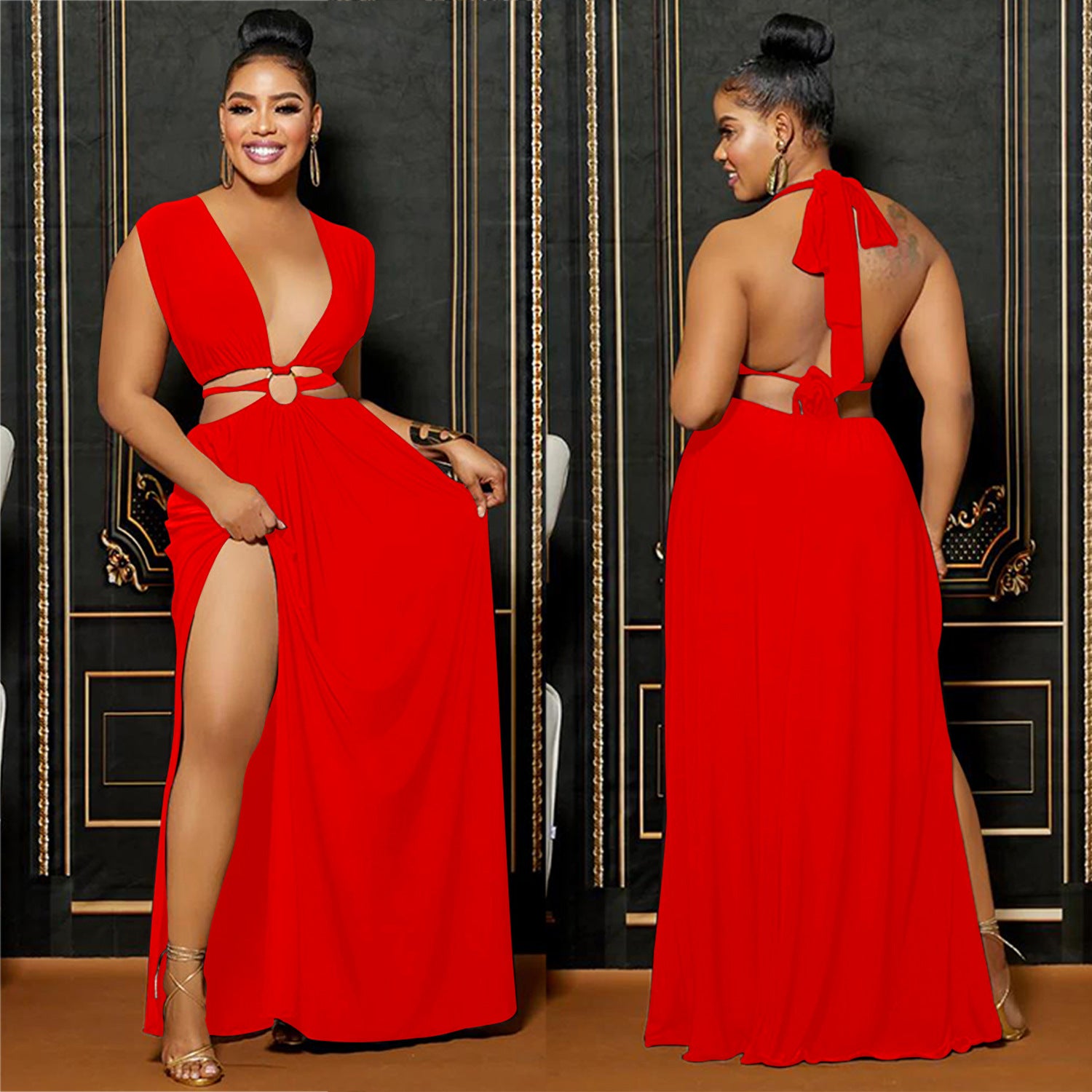 Fashion Women's Solid Low Back V-Neck Sleeveless Long Dress 10