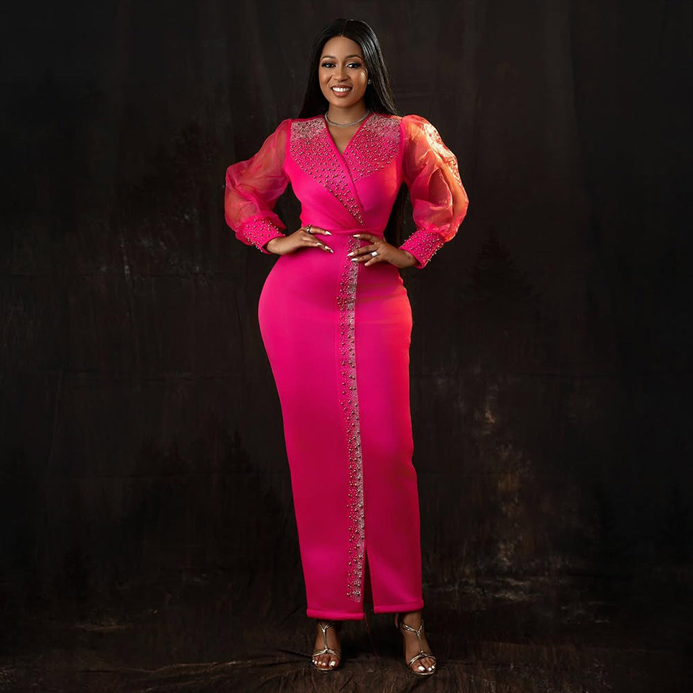 Women Beaded Puff Sleeve Stretchy V-Neck Maxi Dress 3