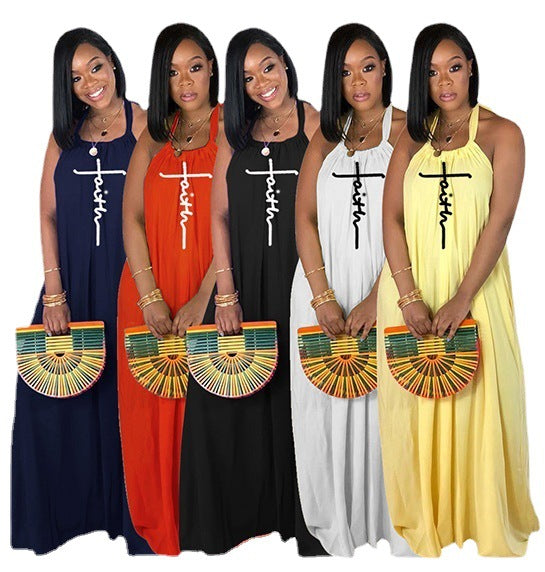 Women's Sling Loose Halter Print Boho Maxi Dress