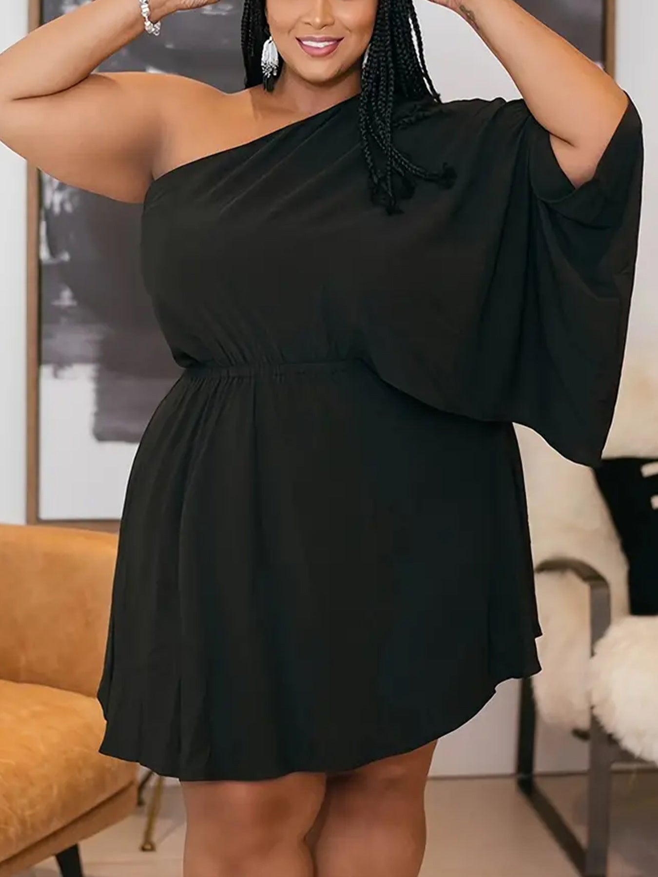 Plus Size Women Slash Shoulder Solid One Sleeve Dress