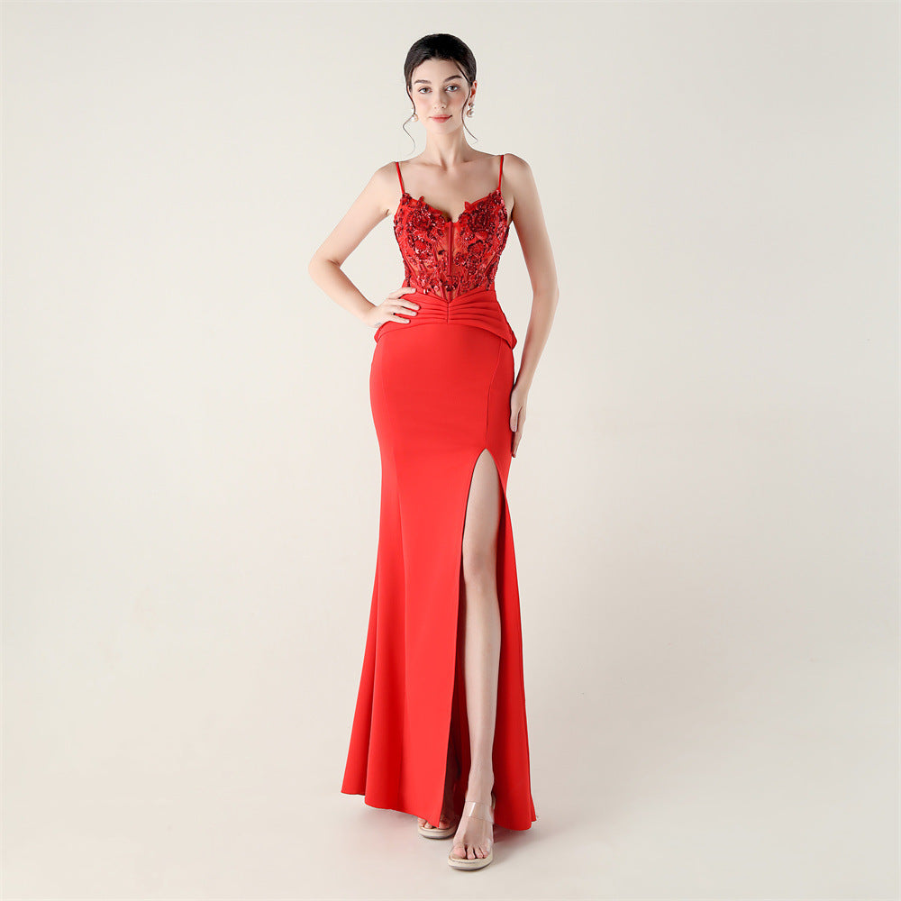 Women Off-shoulder Sexy Evening Applique Beaded Tube Fishbone Pressed Evening Dress 4