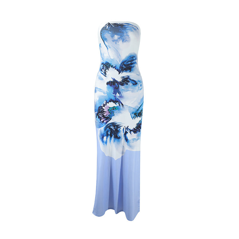 Summer Chic Sexy Strapless Floral Printed Slim Long Holiday Dress 17