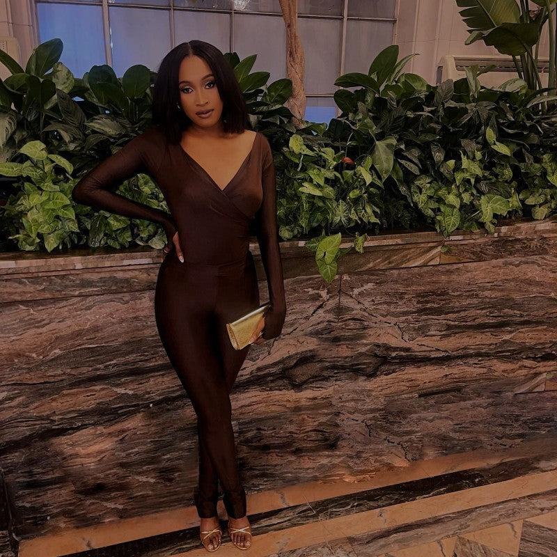 Women Autumn SolidV Neck Long Sleeve Sexy Jumpsuit 5